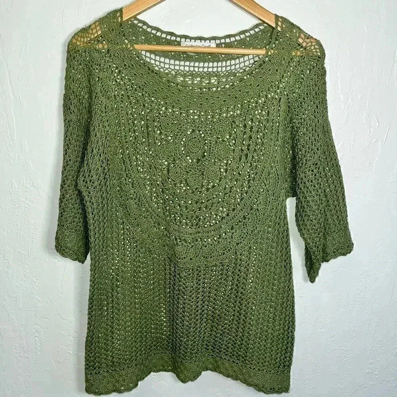 Coldwater Creek Green Boho Crochet Top Medium - Picture 1 of 4